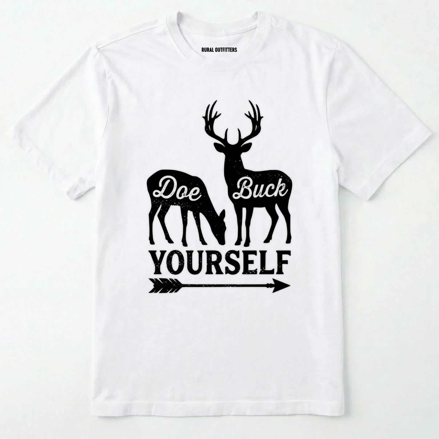 White t-shirt with white graphic of deer and text 'doe buck yourself' on a white background