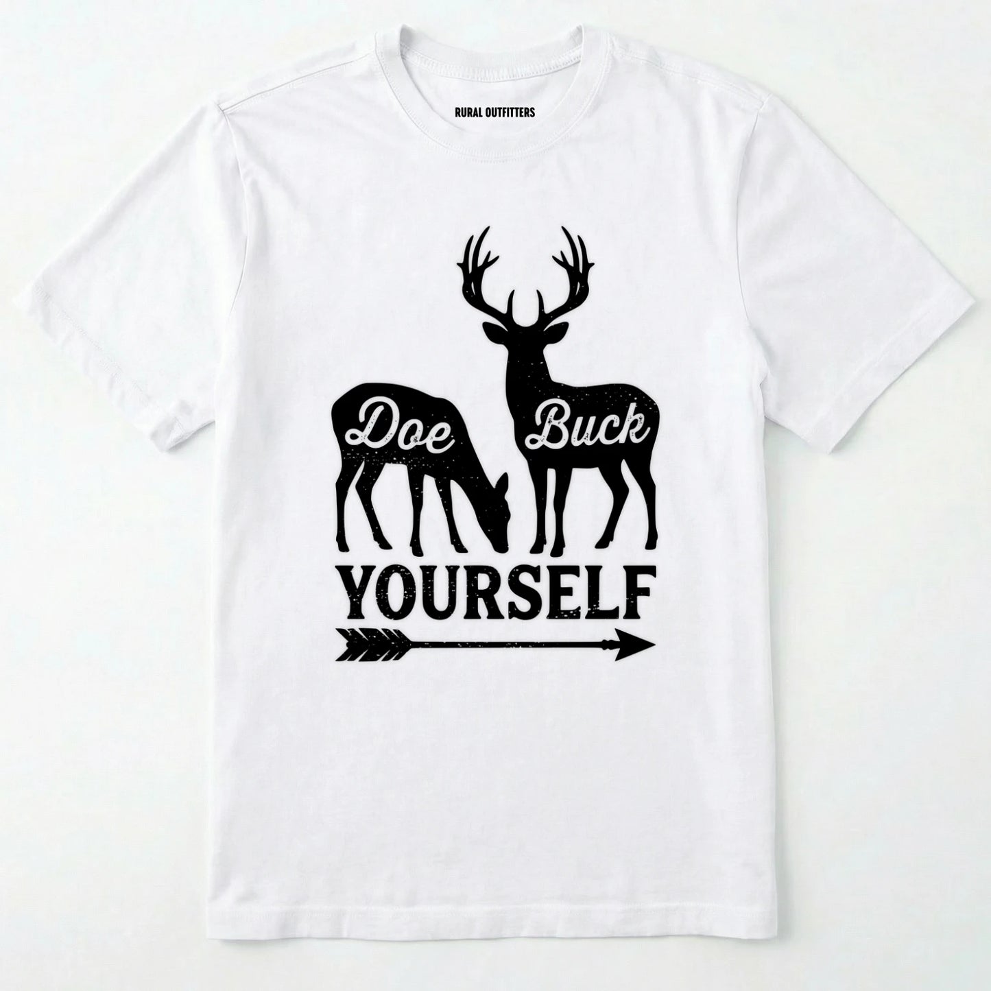 White t-shirt with white graphic of deer and text 'doe buck yourself' on a white background