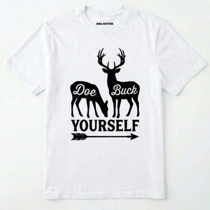 White t-shirt with white graphic of deer and text 'doe buck yourself' on a white background