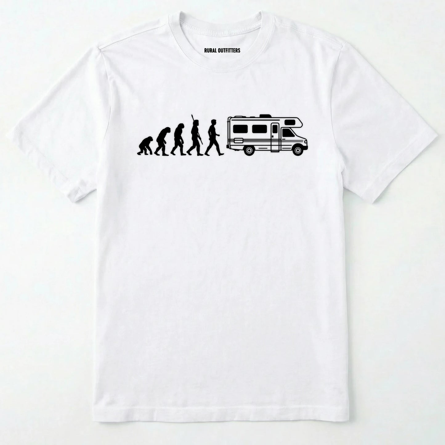White evolution shirt featuring a human to rv silhouette graphic on a white background.