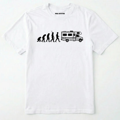 White evolution shirt featuring a human to rv silhouette graphic on a white background.