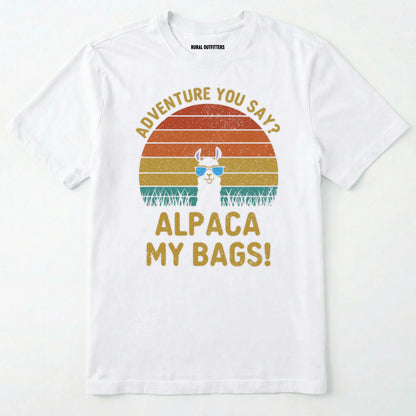 White alpaca my bags shirt with retro sunset and llama graphic on a white background.