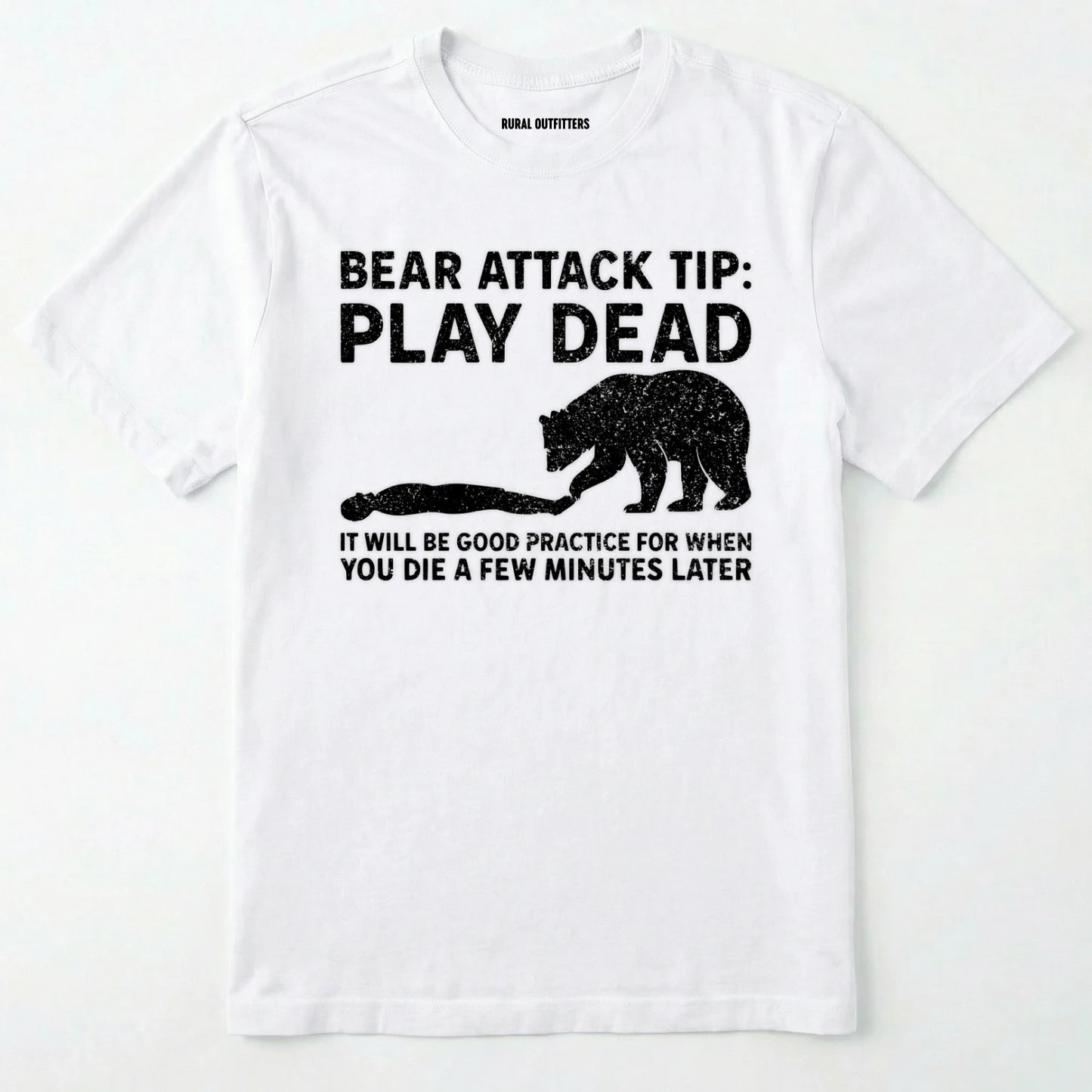 White bear tee shirt with bear attack tip graphic and text on a white background.