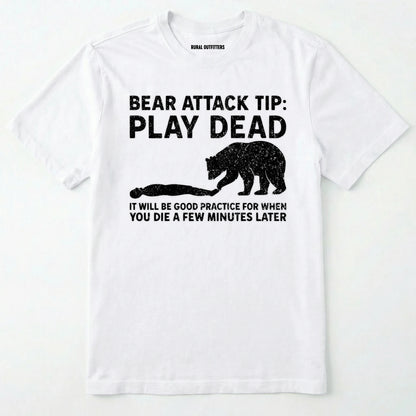 White bear tee shirt with bear attack tip graphic and text on a white background.