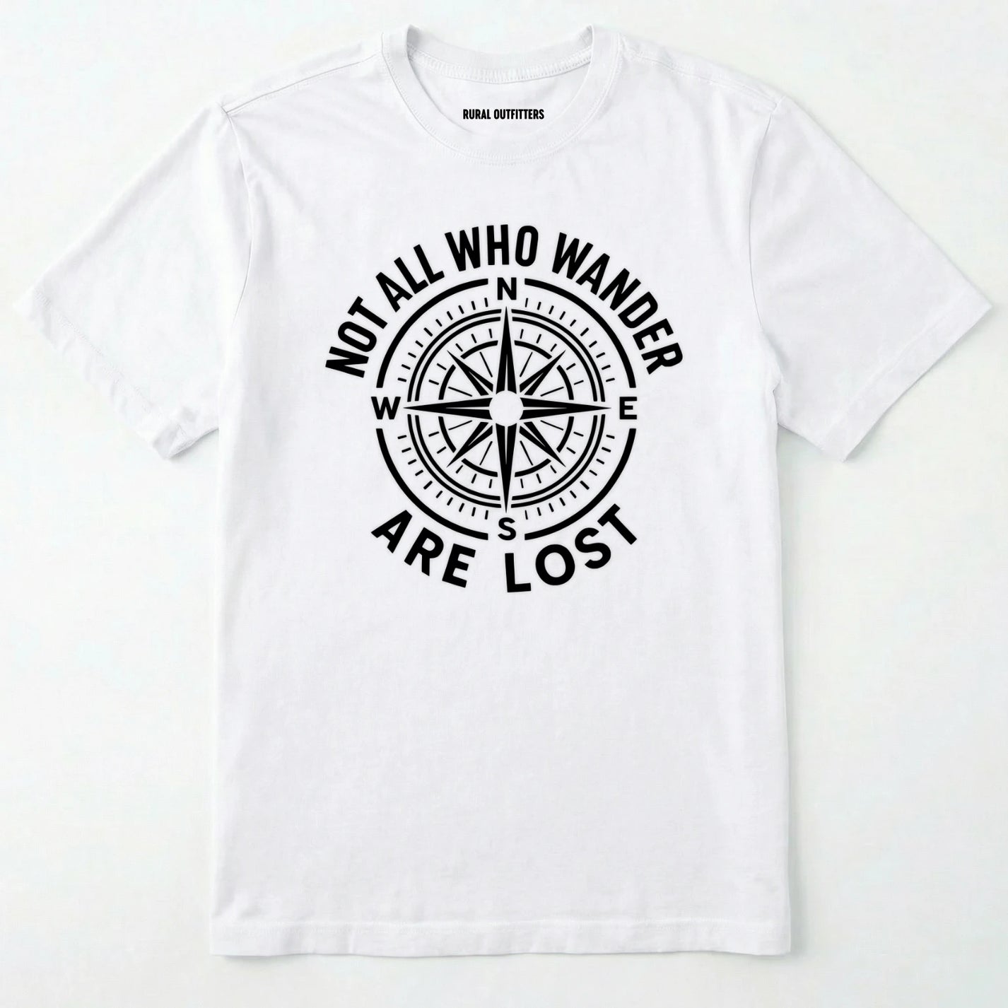 White not all who wander are lost t-shirt with compass design and text on a white background.