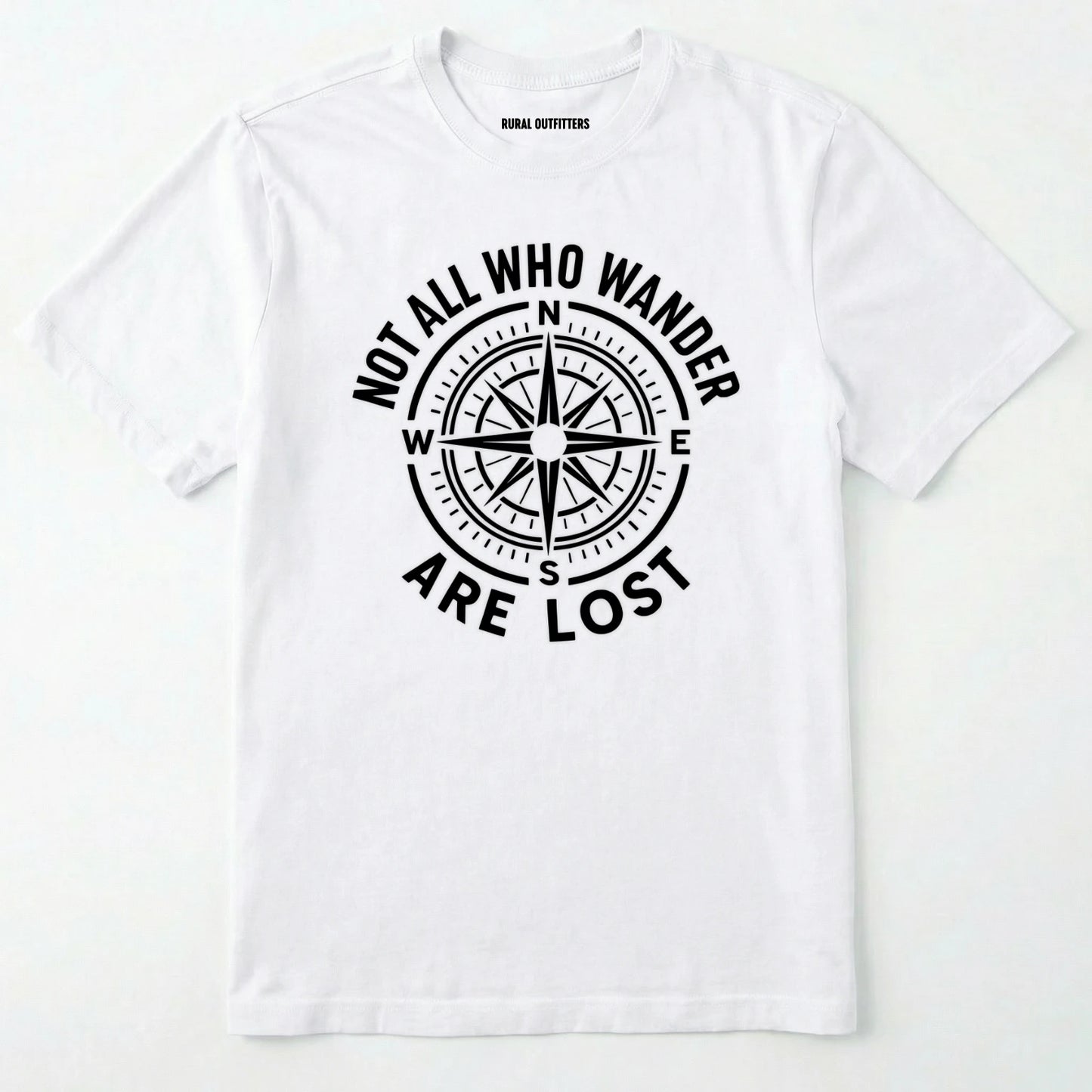 White not all who wander are lost t-shirt with compass design and text on a white background.