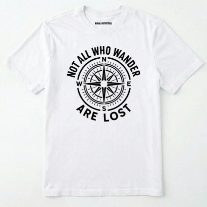 White not all who wander are lost t-shirt with compass design and text on a white background.