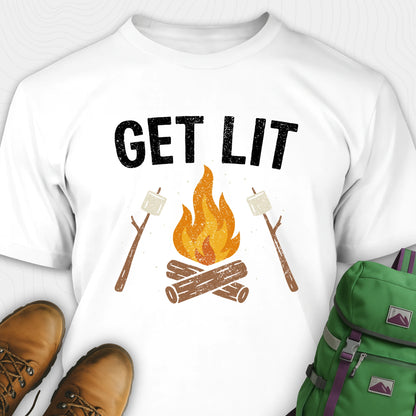 White let’s get lit shirt with campfire and marshmallows graphic