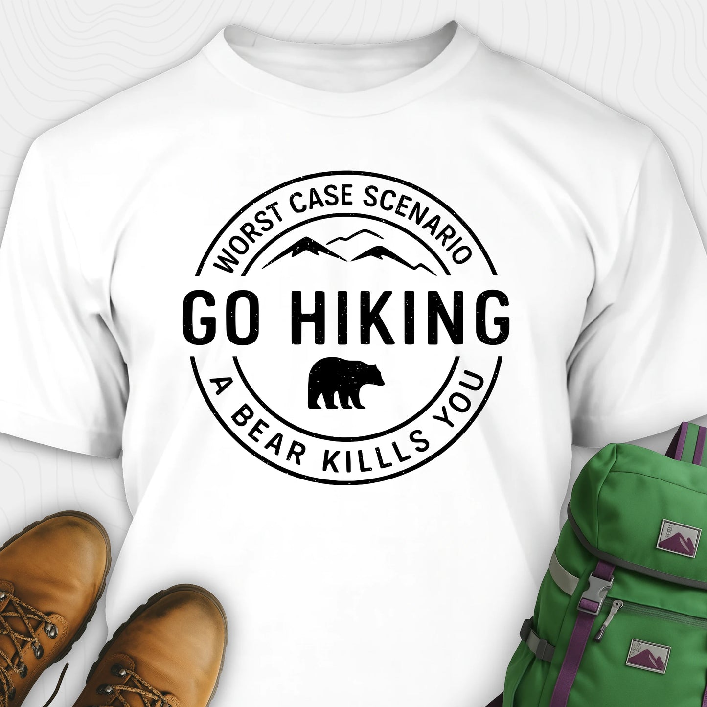 White funny hiking shirt with circular go hiking graphic and bear illustration