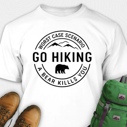 White funny hiking shirt with circular go hiking graphic and bear illustration