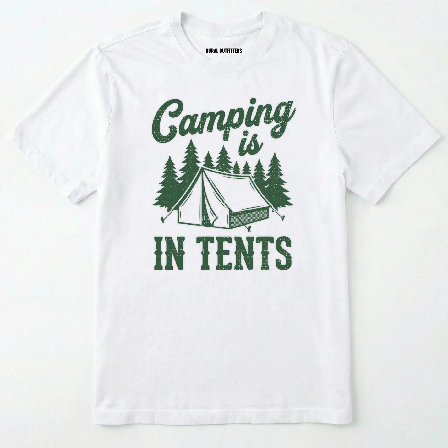 White t-shirt with Military Green camping graphic and text on a white background