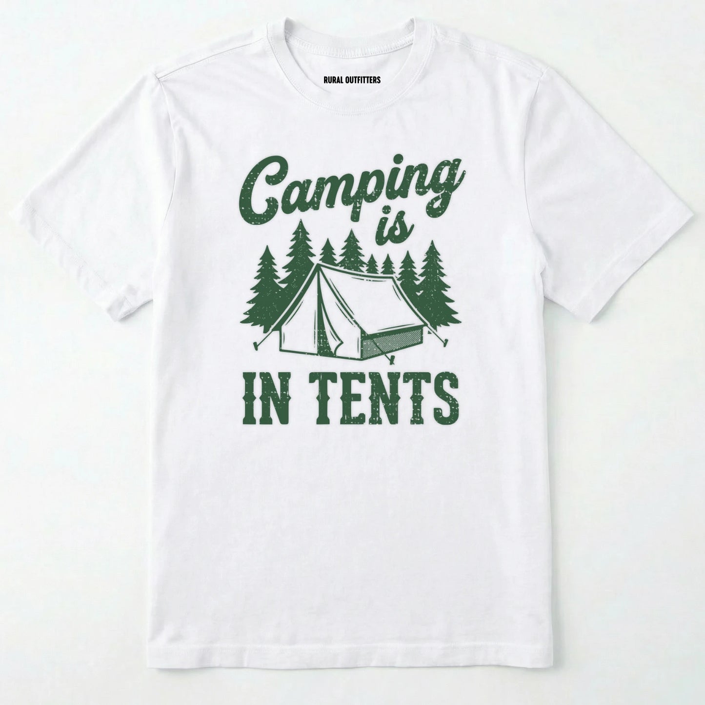 White t-shirt with Military Green camping graphic and text on a white background