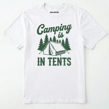 White t-shirt with Military Green camping graphic and text on a white background