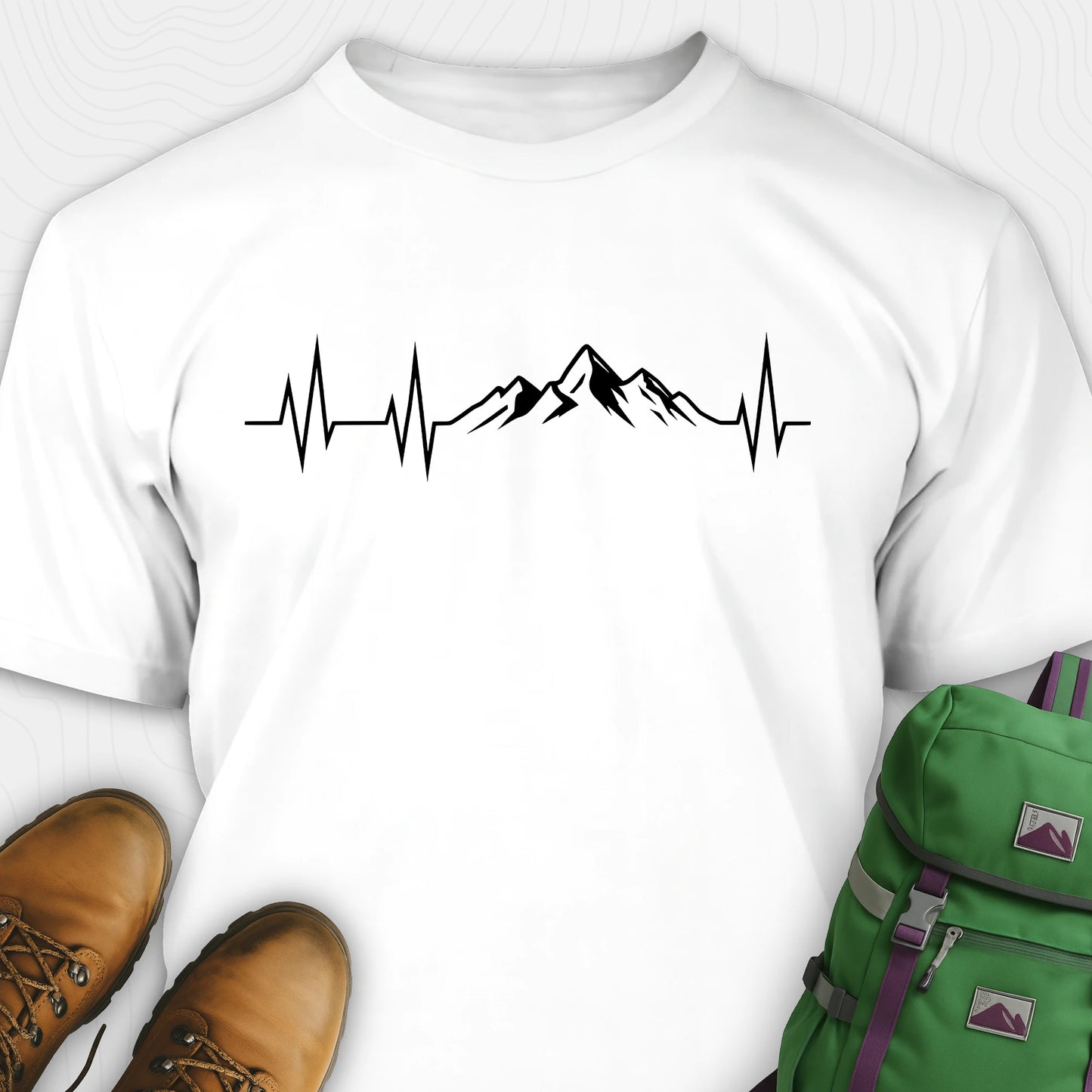 White mountain heartbeat t-shirt featuring heartbeat and mountain peaks