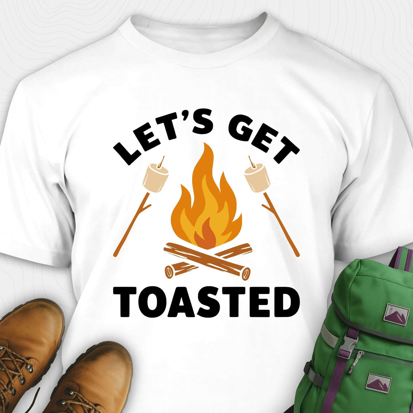 White let’s get toasted shirt with campfire and roasting marshmallow graphic