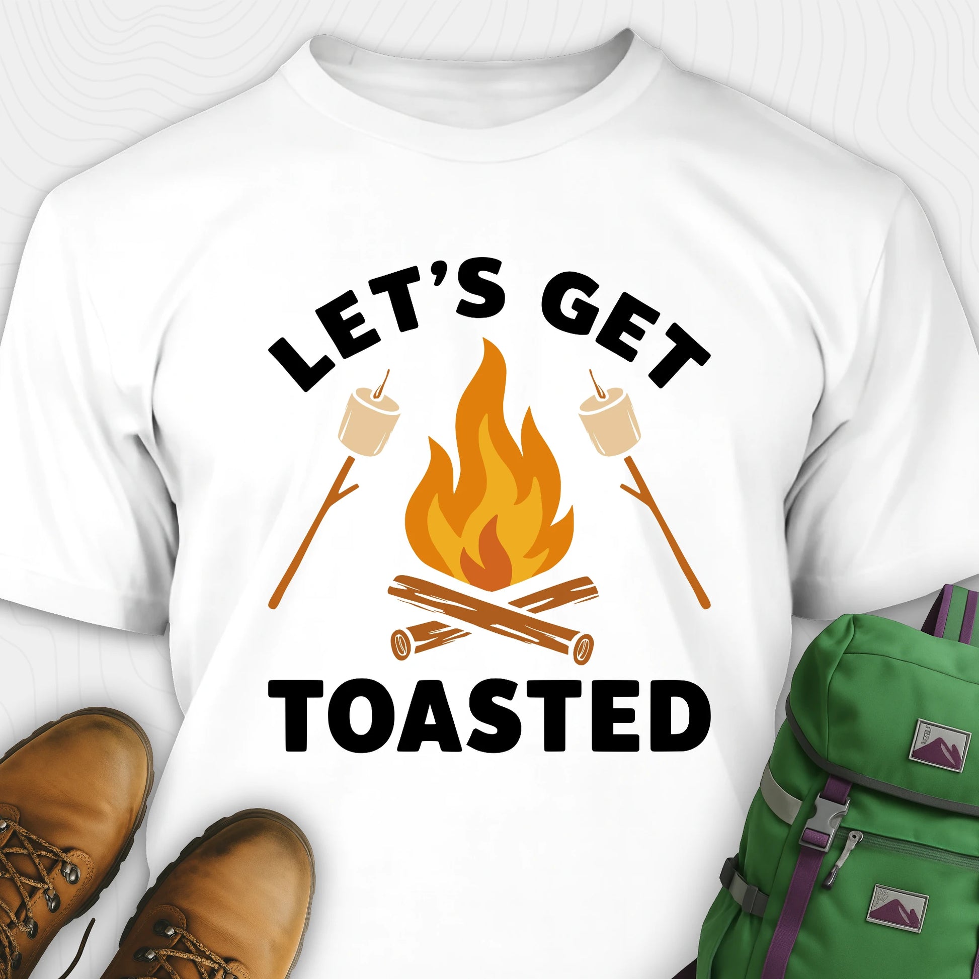 White let’s get toasted shirt with campfire and roasting marshmallow graphic