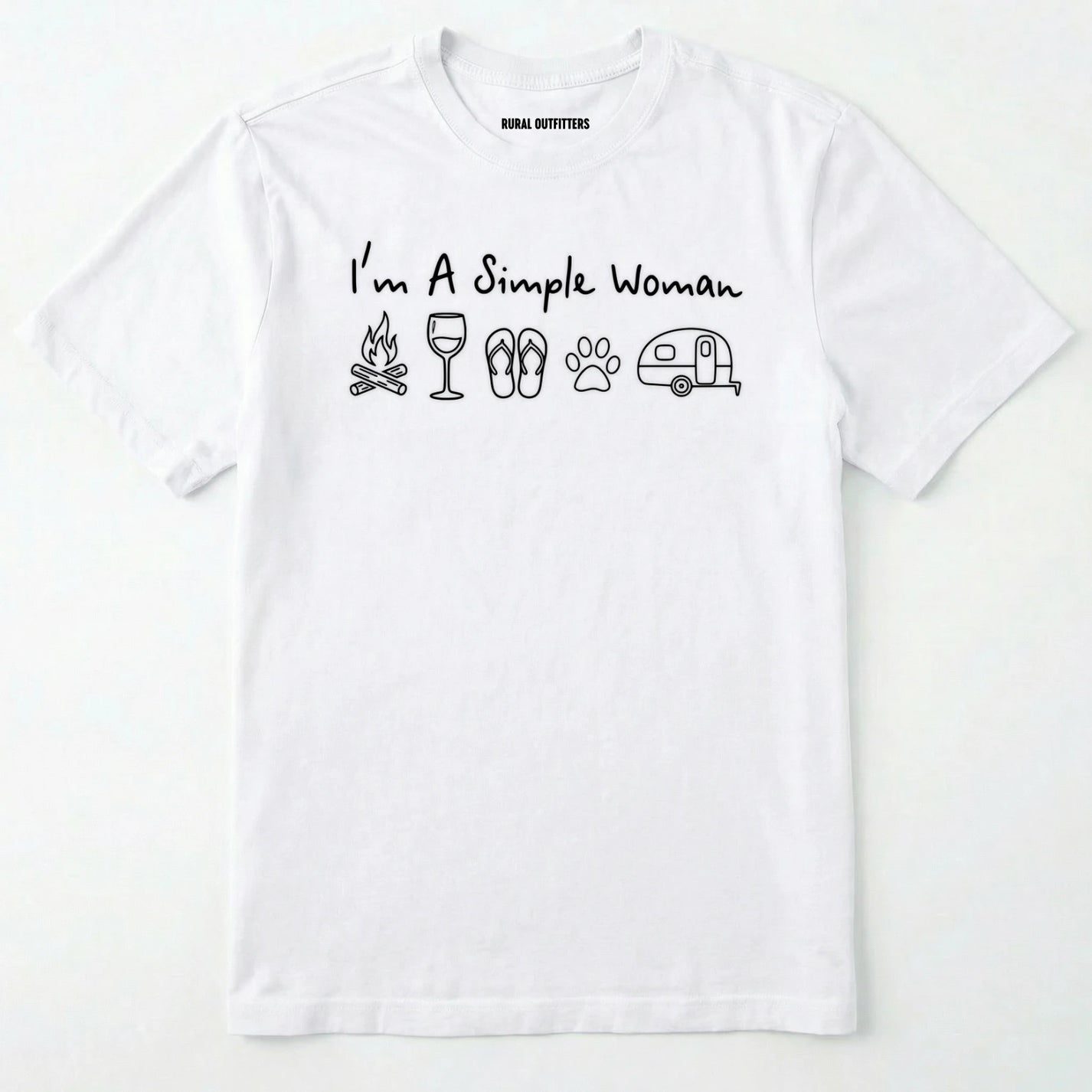 White t-shirt with black text and icons on a white background