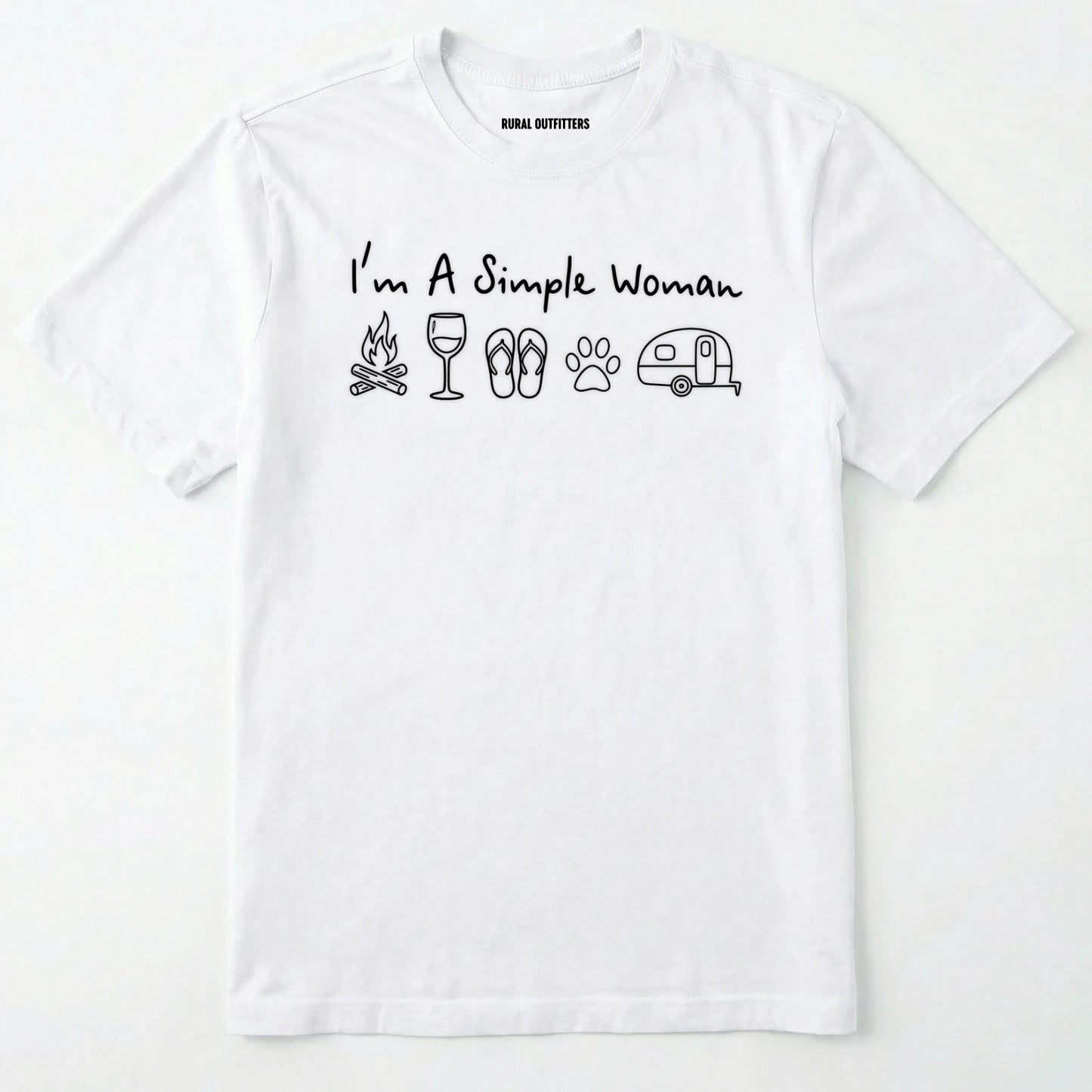 White t-shirt with black text and icons on a white background