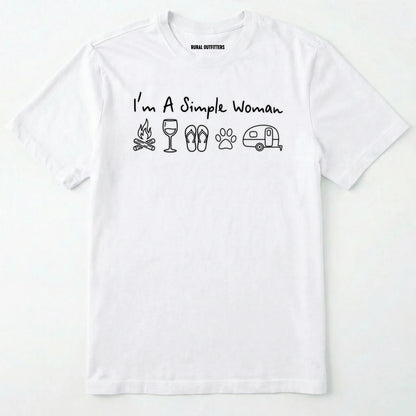 White t-shirt with black text and icons on a white background