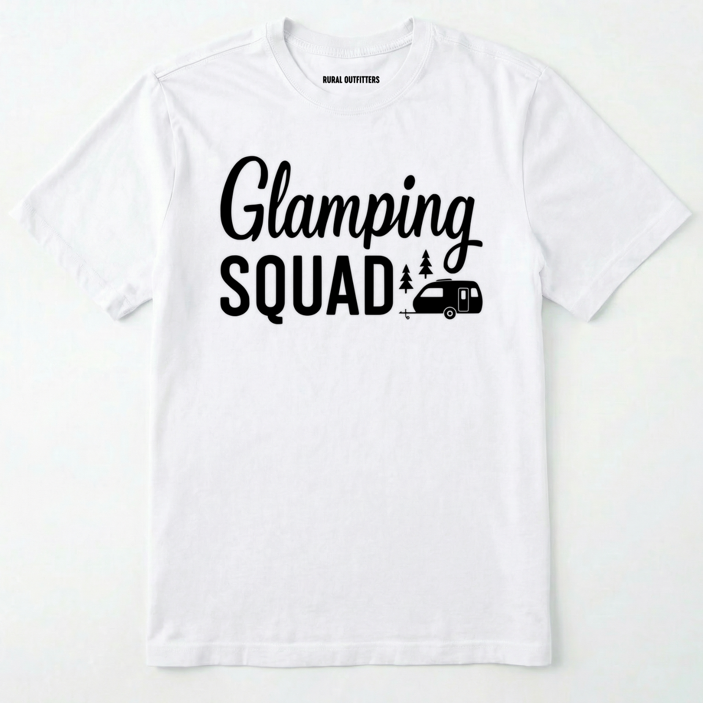 White glamper shirt with cute camper and trees design and "glamping squad" text on a white background.