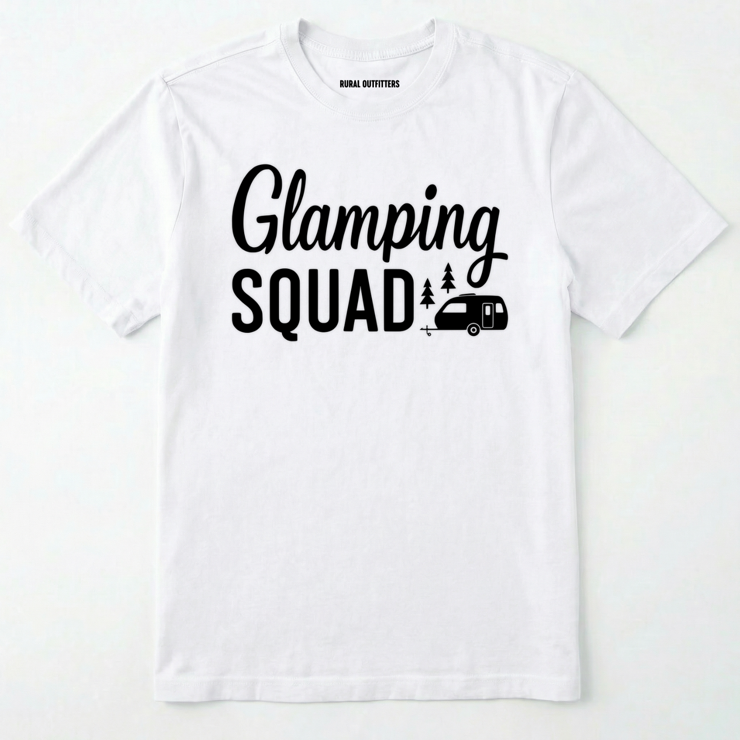 White glamper shirt with cute camper and trees design and "glamping squad" text on a white background.