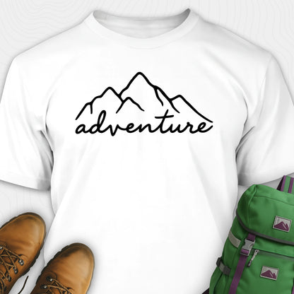 White adventure shirt with mountain design and 'adventure' text, paired with brown boots and a green backpack.