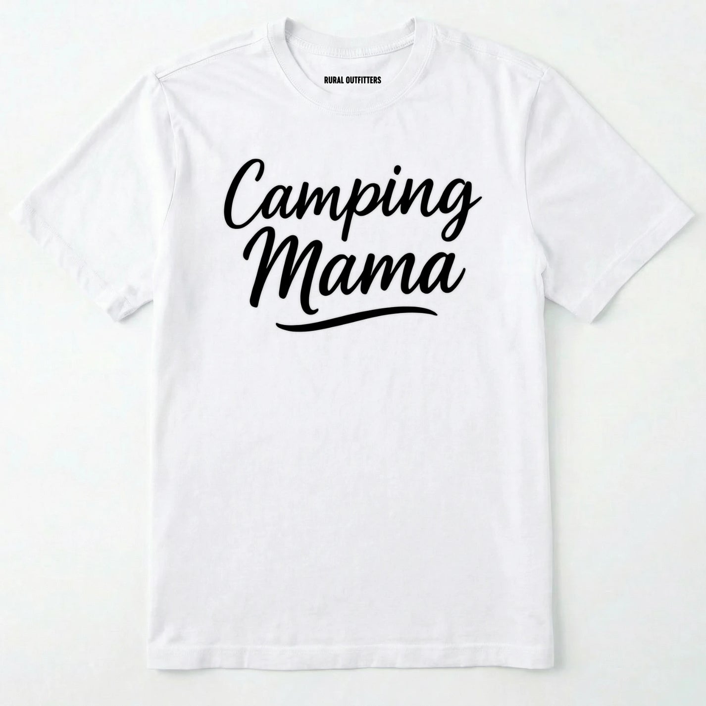 White camping mama shirt with script design on a white background.