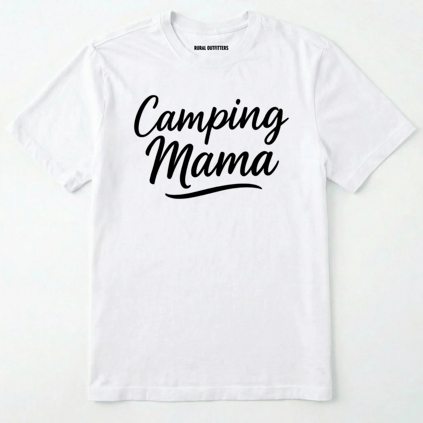 White camping mama shirt with script design on a white background.