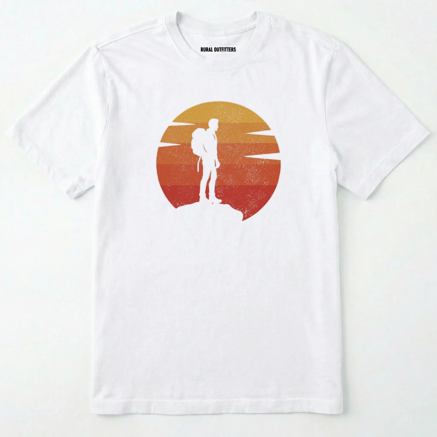 White retro sunset t-shirt with hiker silhouette on a white background.