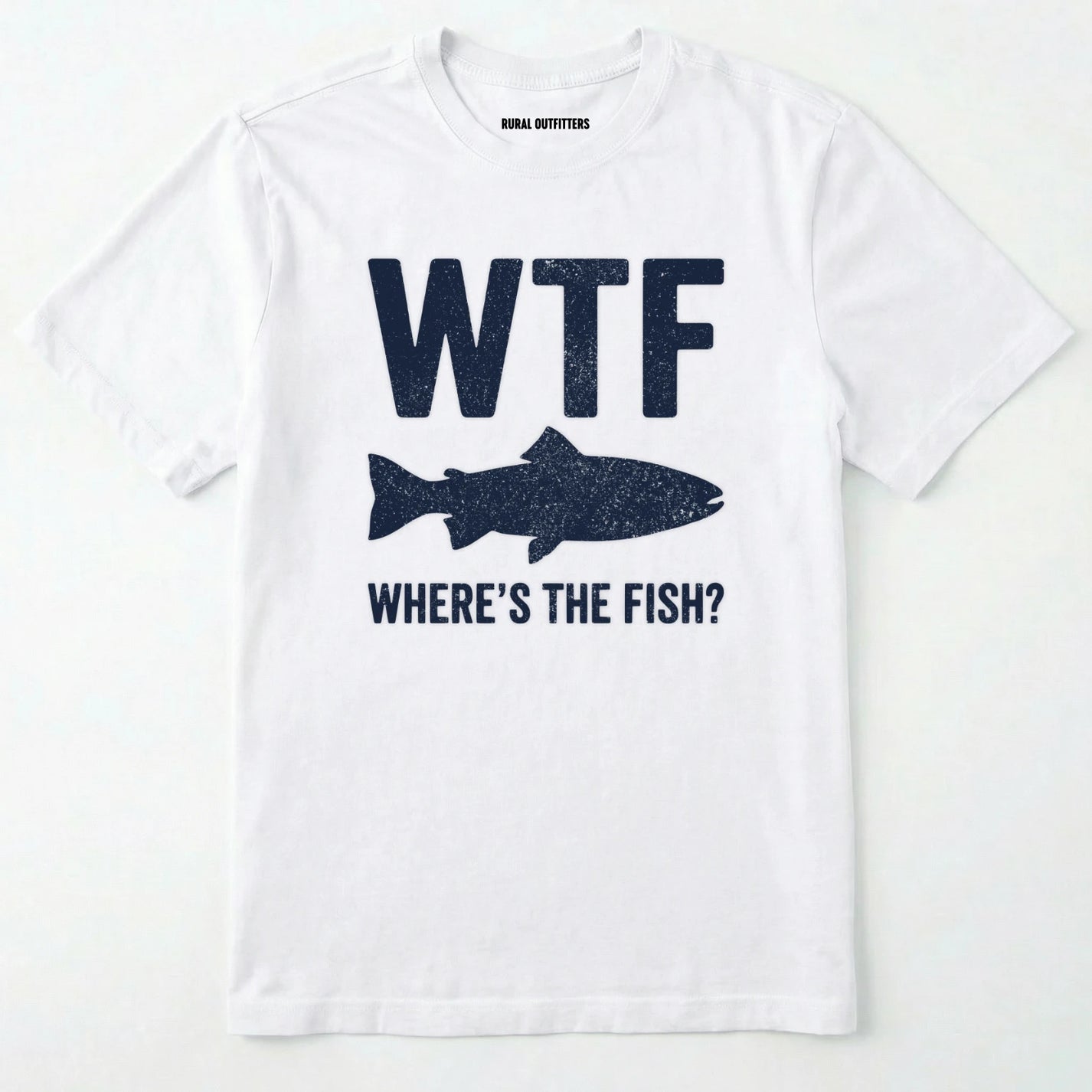White t-shirt with navy graphic and text 'wtf where's the fish?' on a white background