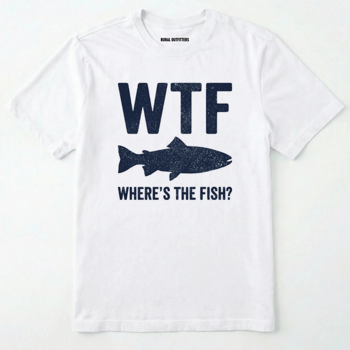 White t-shirt with navy graphic and text 'wtf where's the fish?' on a white background