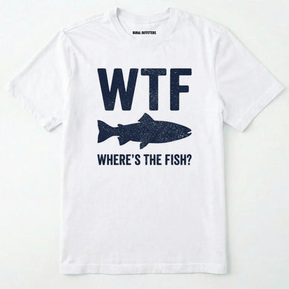 White t-shirt with navy graphic and text 'wtf where's the fish?' on a white background