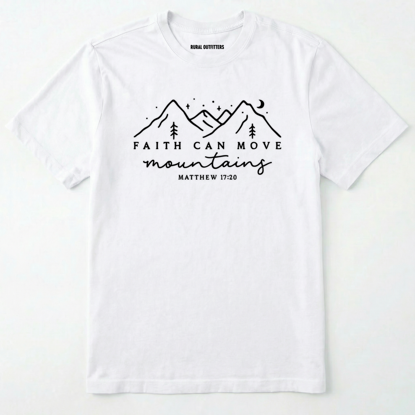 White faith can move mountains shirt with mountain scripture design on a white background.
