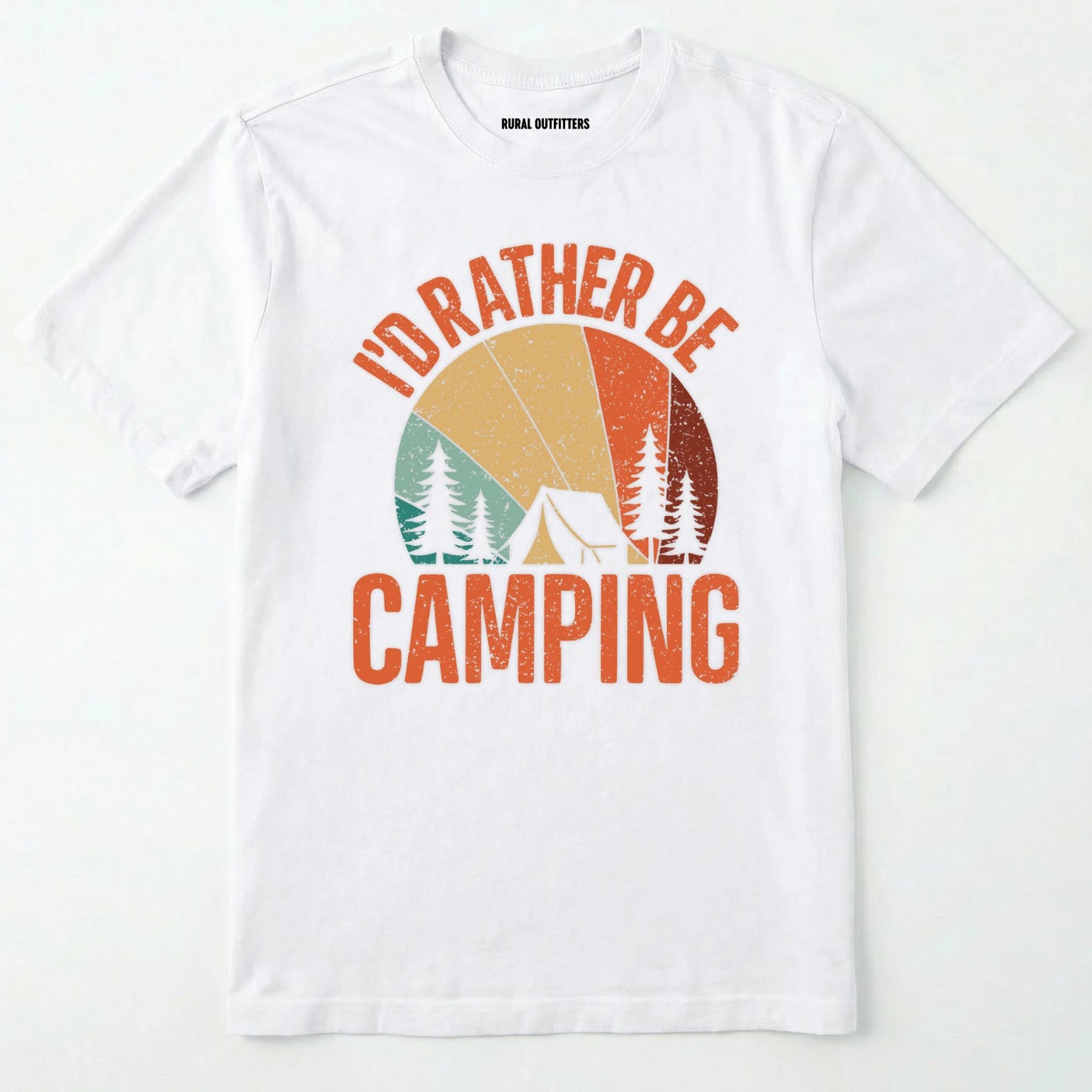 White t-shirt with 'i'd rather be camping' graphic design on a white background