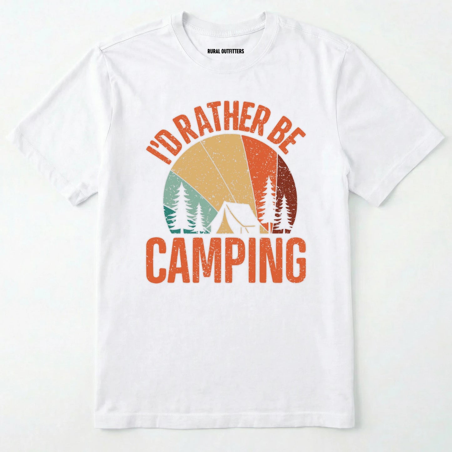 White t-shirt with 'i'd rather be camping' graphic design on a white background