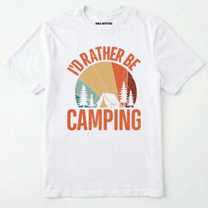 White t-shirt with 'i'd rather be camping' graphic design on a white background