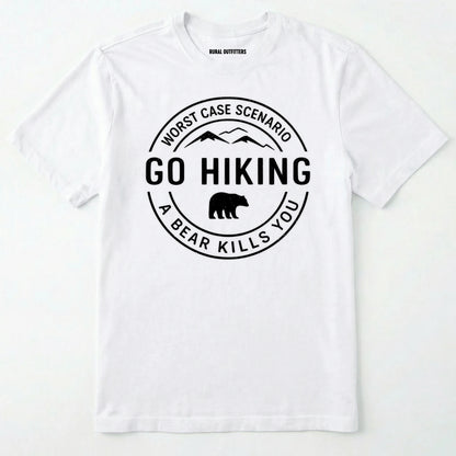 White funny hiking shirt with circular go hiking graphic and bear illustration on a white background.