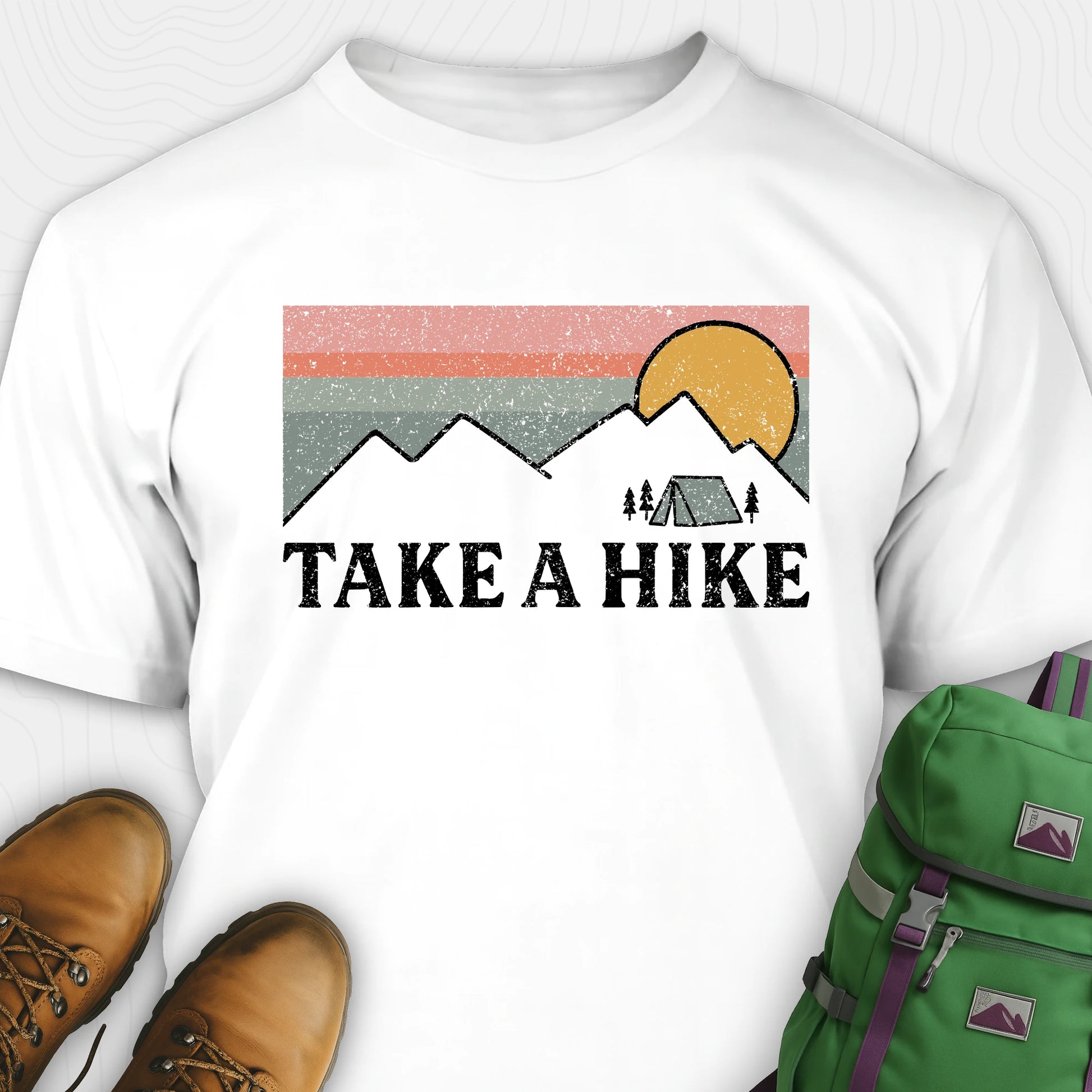 White take a hike shirt with retro sunset and mountain graphic