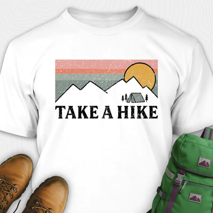 White take a hike shirt with retro sunset and mountain graphic