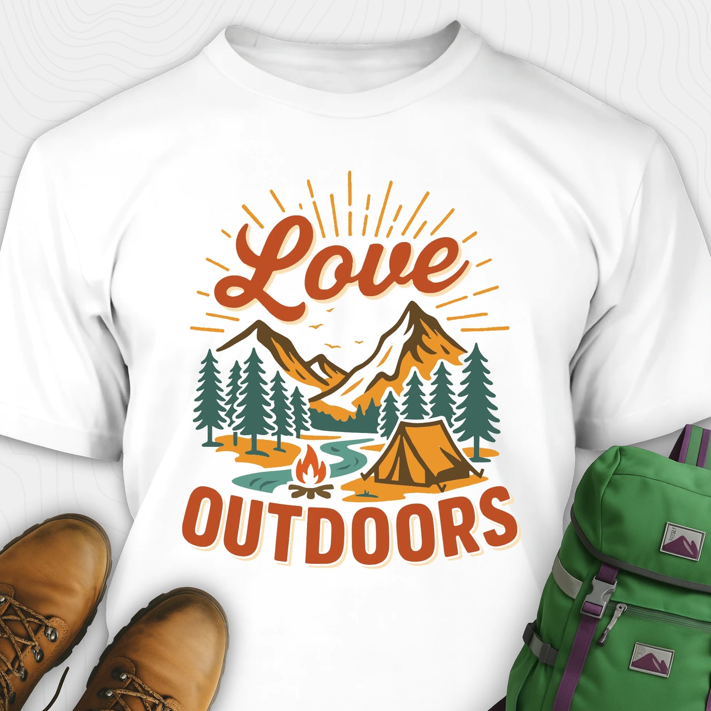 White campground t-shirt with retro camping scene and tent design featuring "love outdoors" text