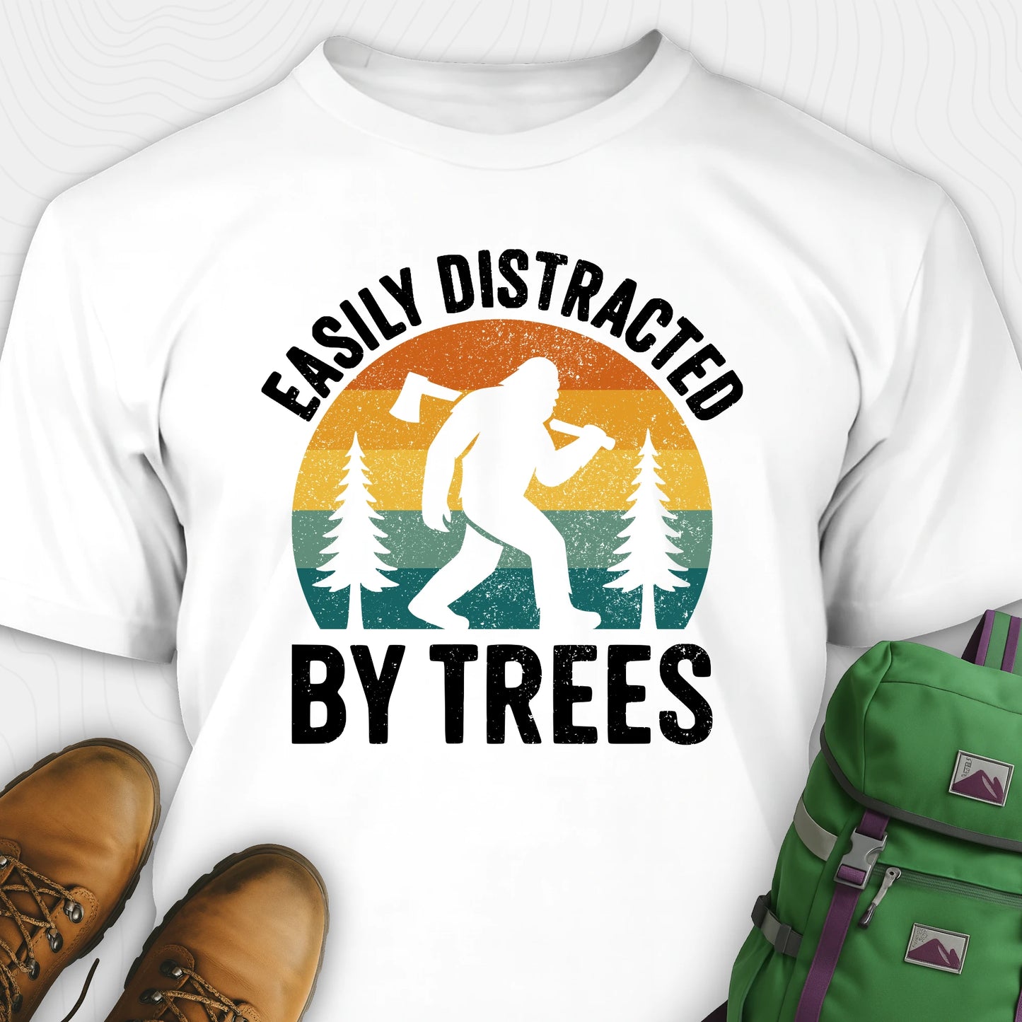 White funny sasquatch shirt featuring bigfoot silhouette and trees