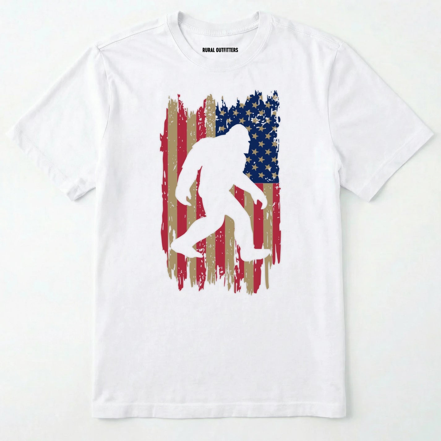White bigfoot american flag shirt featuring patriotic grunge background
