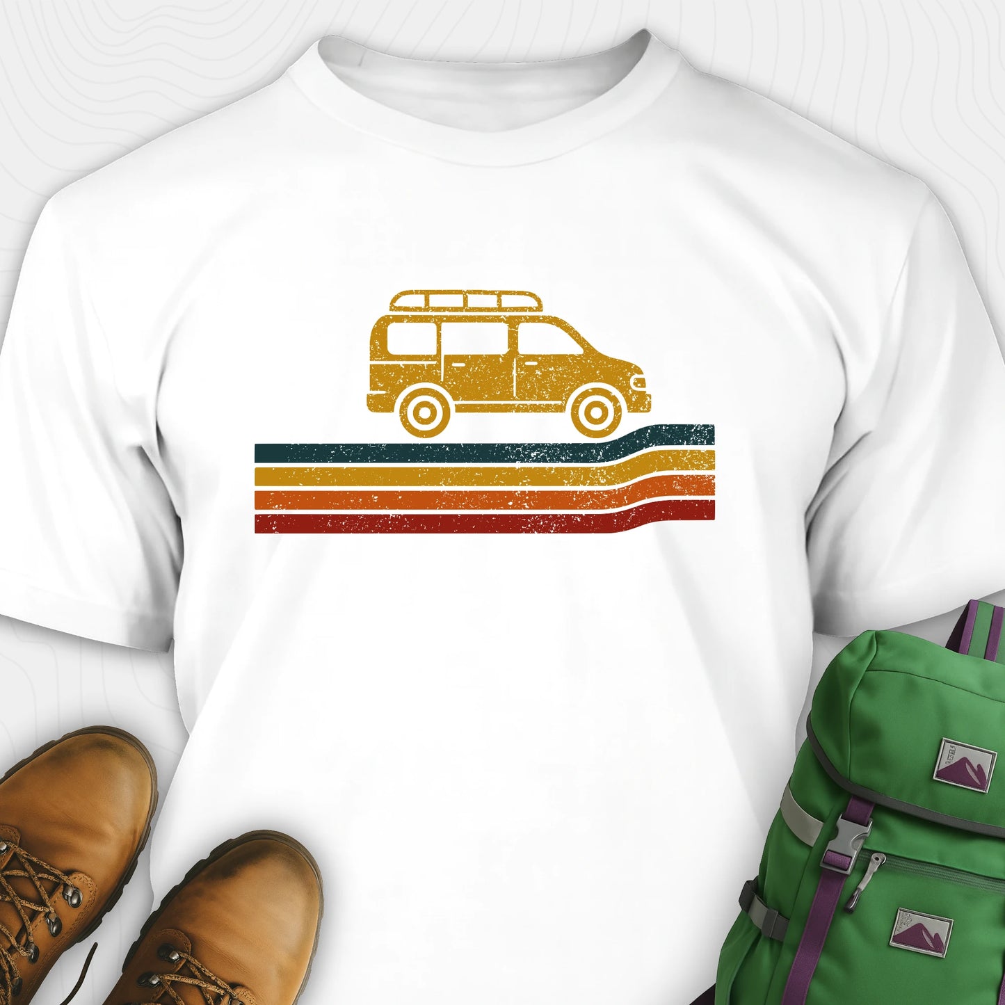 White van life t-shirt with retro camper van graphic and vintage striped design