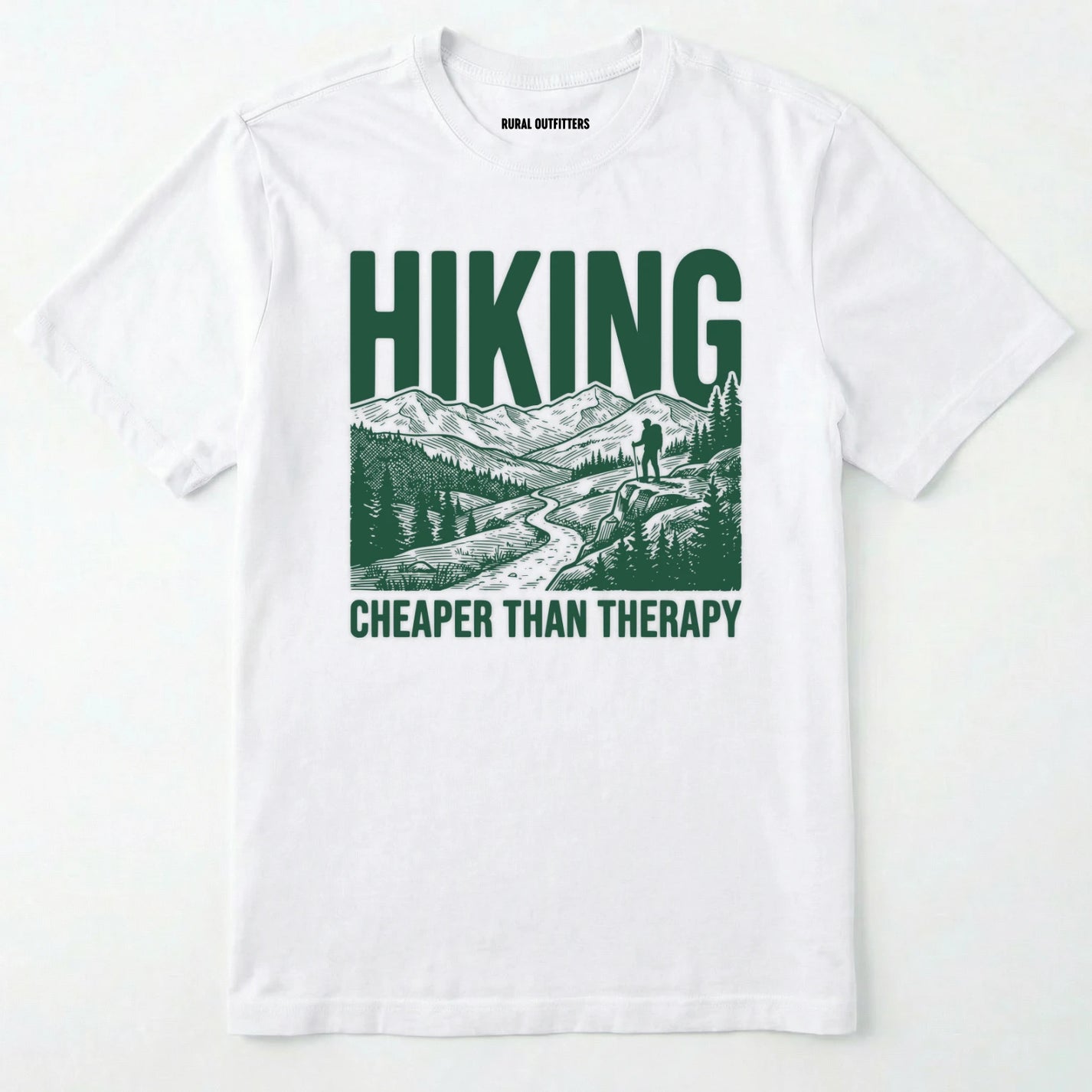 White t-shirt with Military Green graphic and text 'hiking cheaper than therapy' on a white background