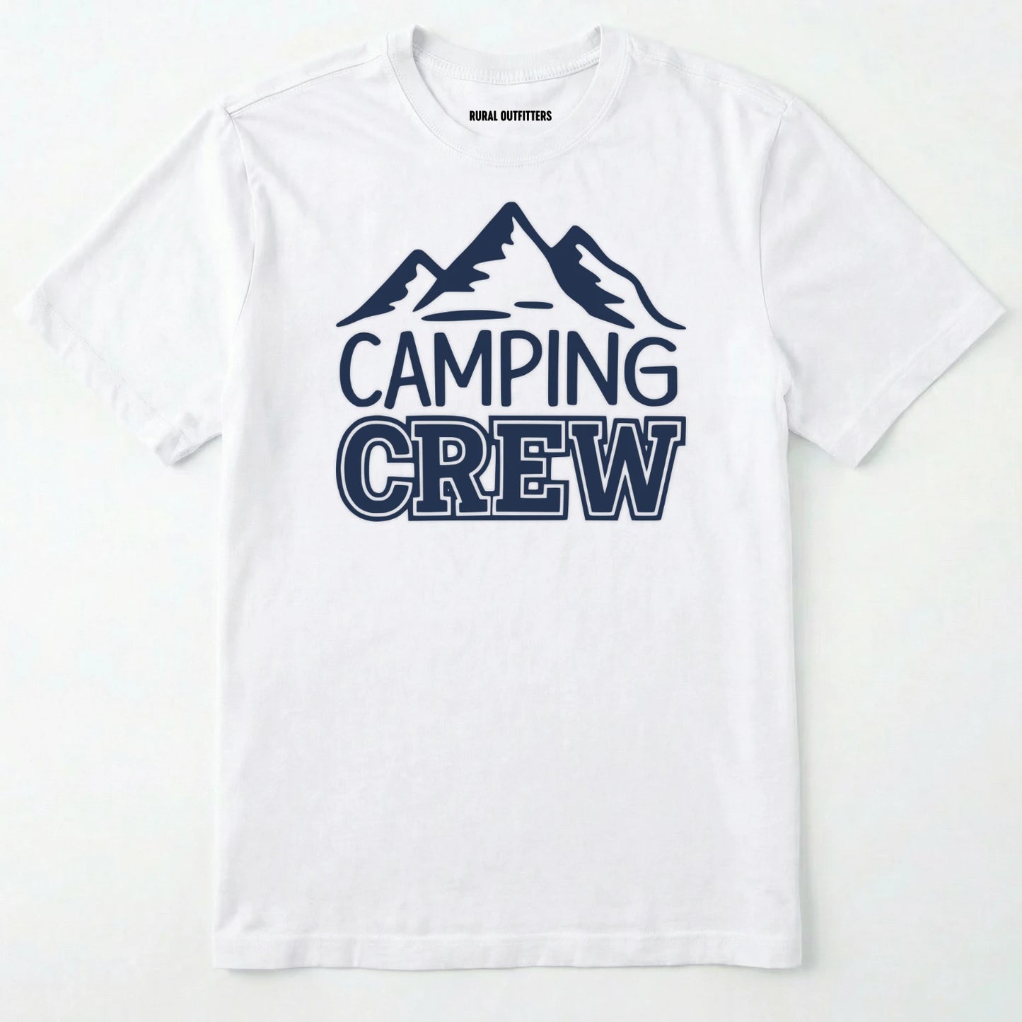 White camping crew t-shirt with 'camping crew' text and mountain graphic.