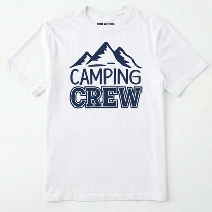 White camping crew t-shirt with 'camping crew' text and mountain graphic.