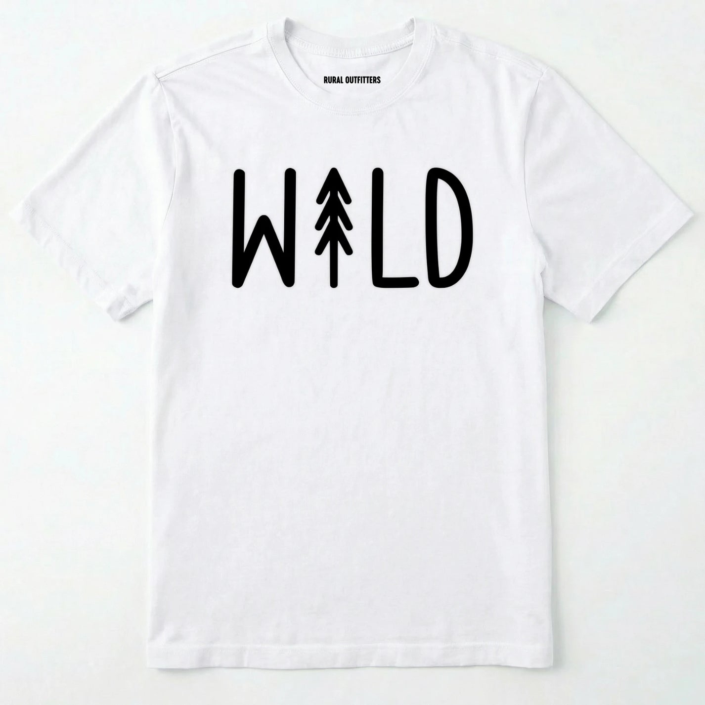 White t-shirt with 'wild' text and tree graphic on a white background
