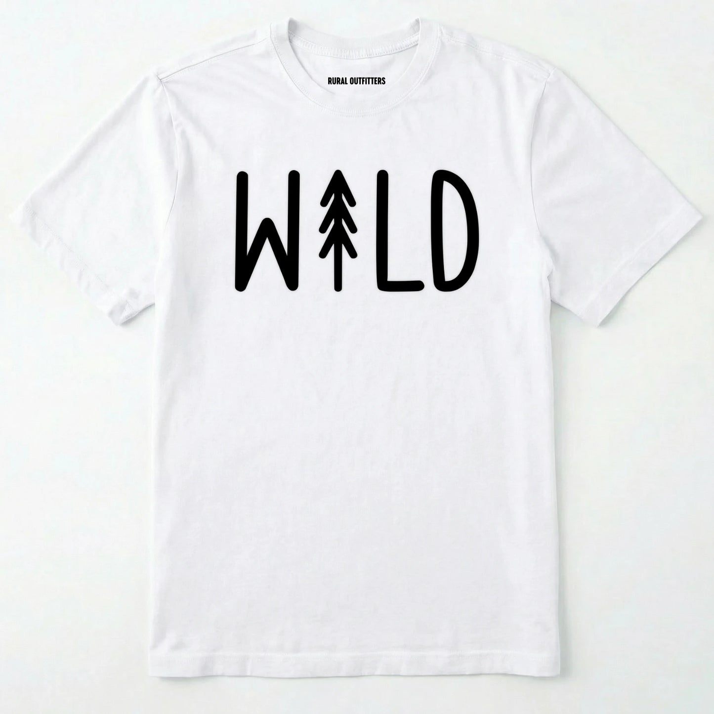 White t-shirt with 'wild' text and tree graphic on a white background