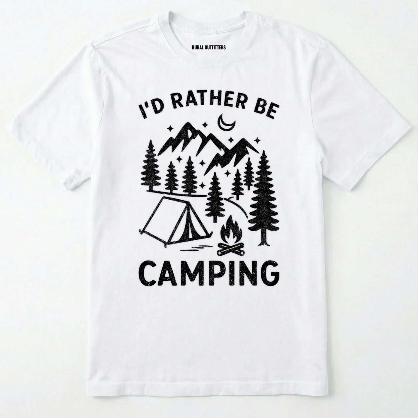 White t-shirt with 'i'd rather be camping' text and camping graphic on a white background