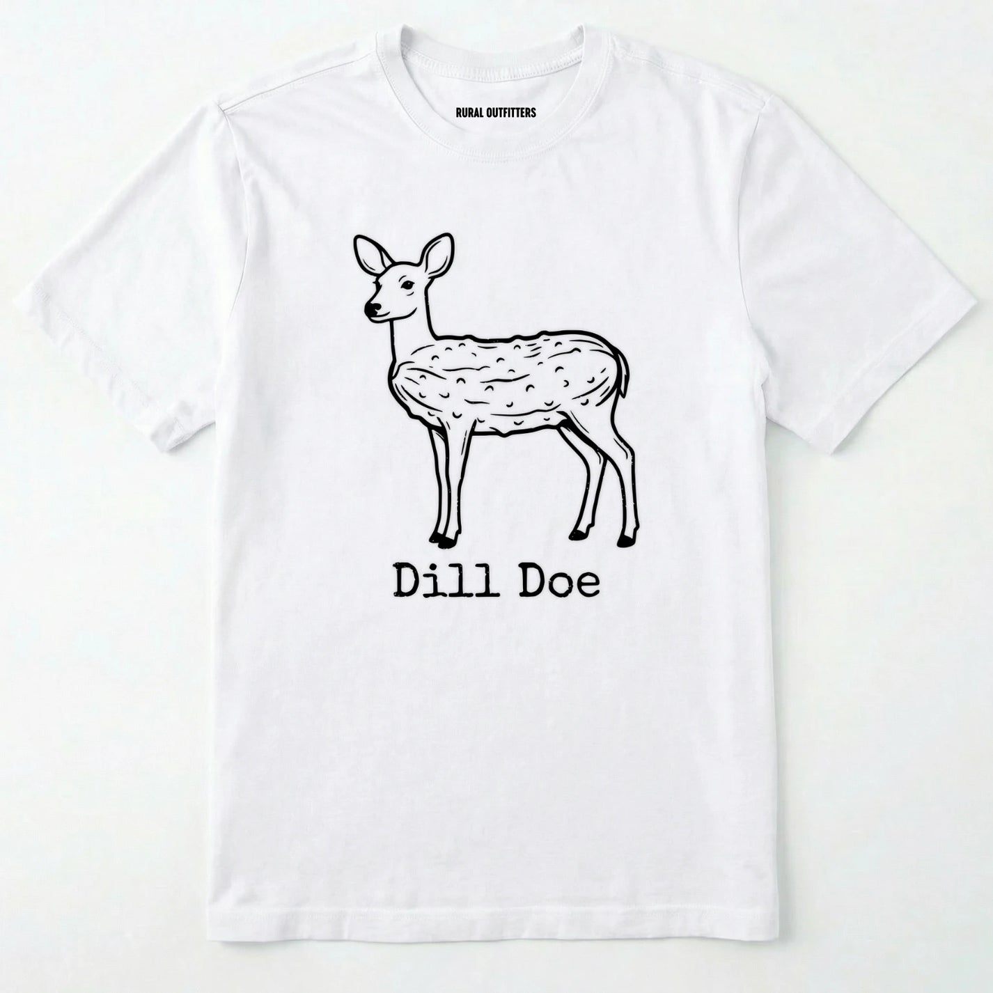 White t-shirt with a black deer illustration and 'dill doe' text on a white background